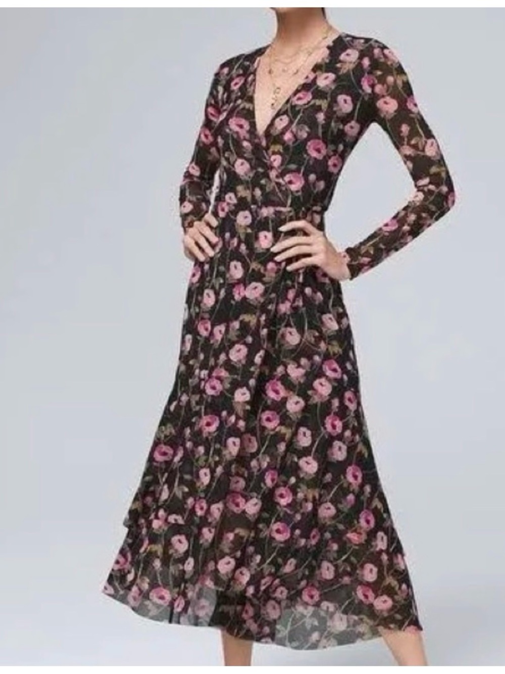 White House Black Market Black Midi Dress with Pink Floral Print